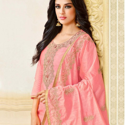 Peach-coloured and gold-toned unstitched dress material