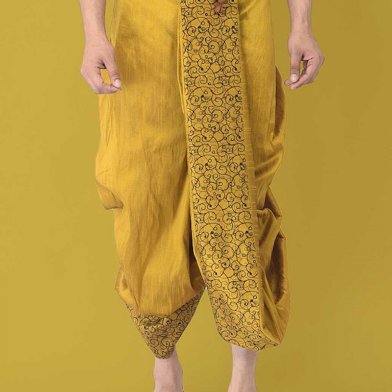 Men Yellow & Black Printed Silk Dhoti Pants