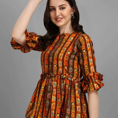 Yellow & Brown Printed Waist Top