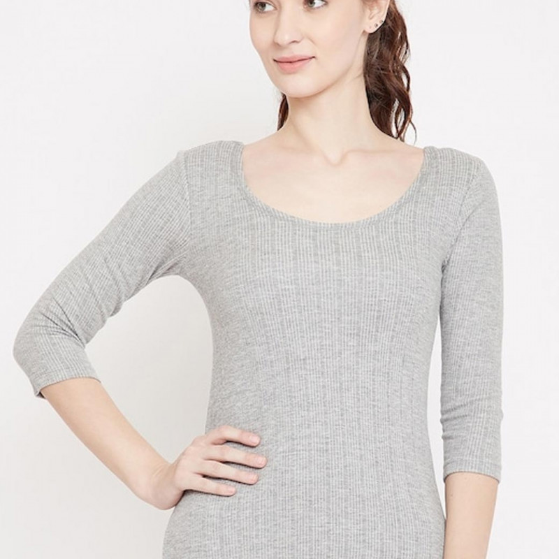 Women Grey Striped Slim-Fit Thermal Top