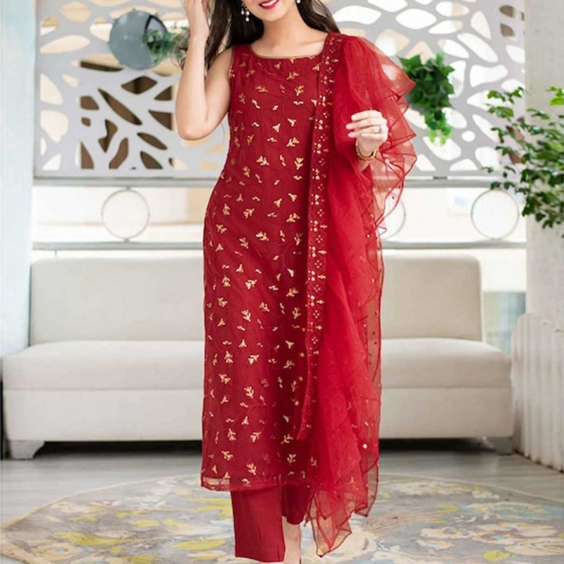 Embroidered semi-stitched dress material