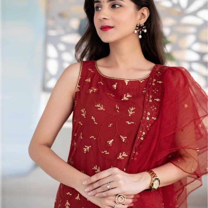 Embroidered semi-stitched dress material