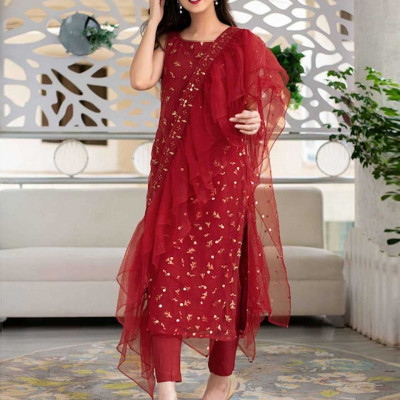 Embroidered semi-stitched dress material