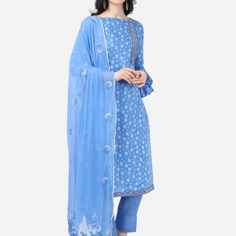 Blue and white printed unstitched dress material