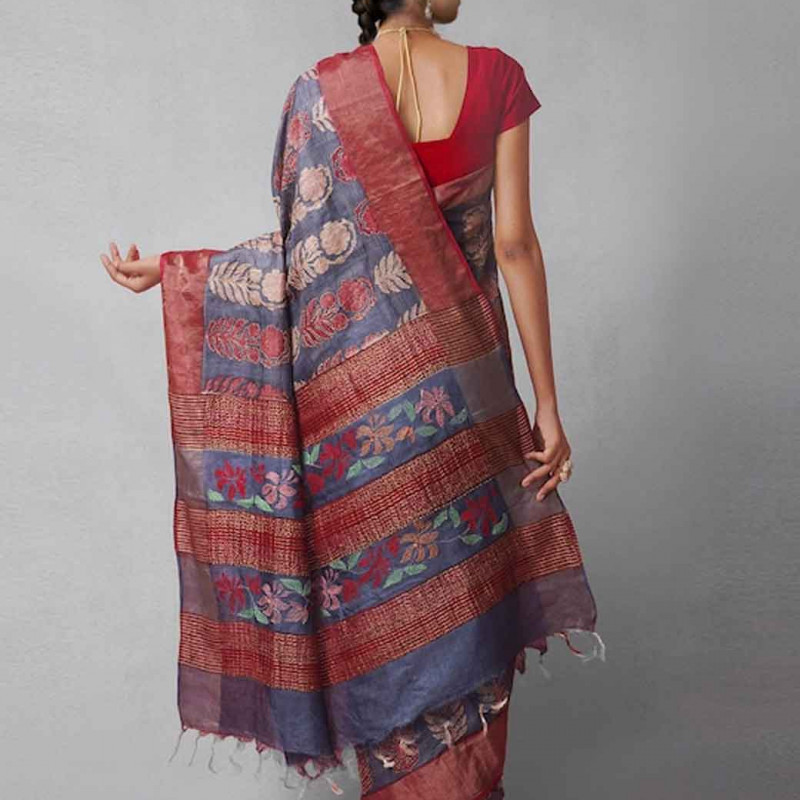 Maroon & Blue Work Pure Silk Tussar Saree
