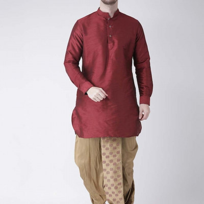 Men Beige & Maroon Printed Silk Dhoti