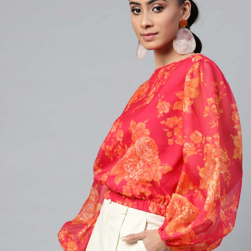 Pink & Orange Floral Printed Puff Sleeves Top