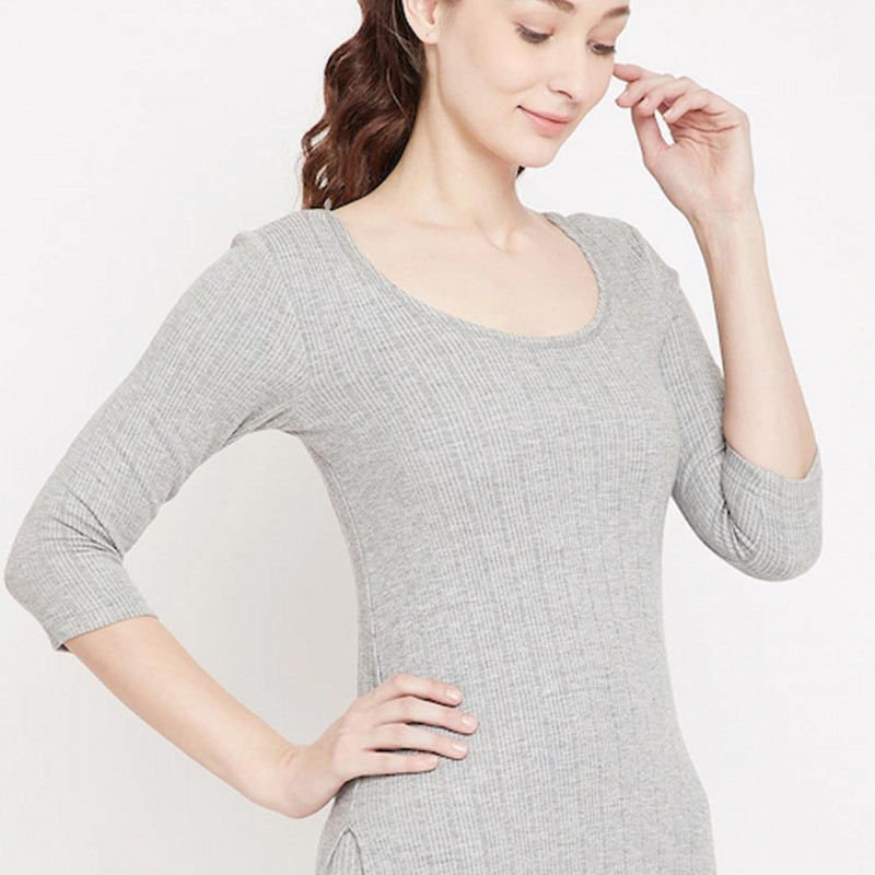Women Grey Striped Slim-Fit Thermal Top