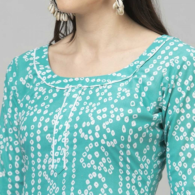 Turquoise Blue and white printed unstitched dress material 