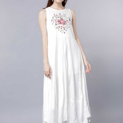 White Floral Layered Ethnic A-Line Maxi Dress With Jacket