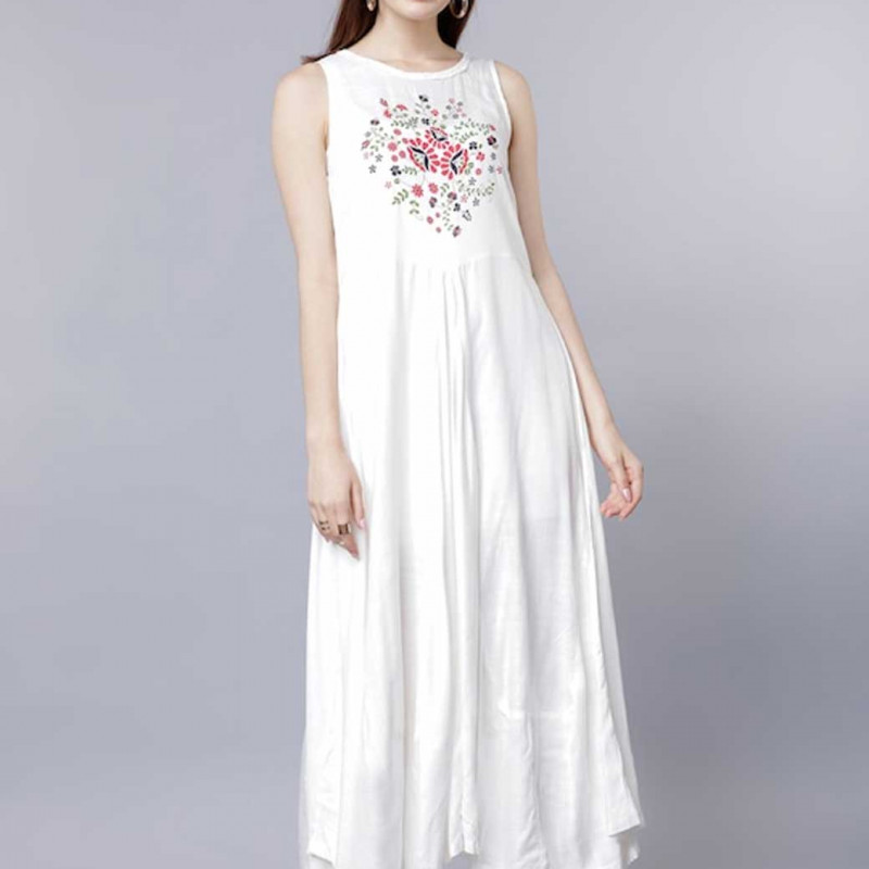 White Floral Layered Ethnic A-Line Maxi Dress With Jacket