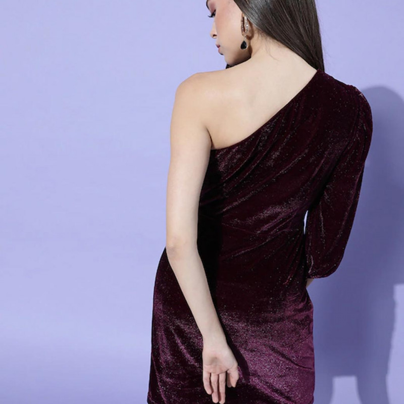 Women Deep Solid One-Shoulder Dress